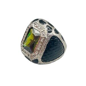 Chunky Silver Tone Ring Size 8 Black Snakeskin & Green Gemstone Size 8